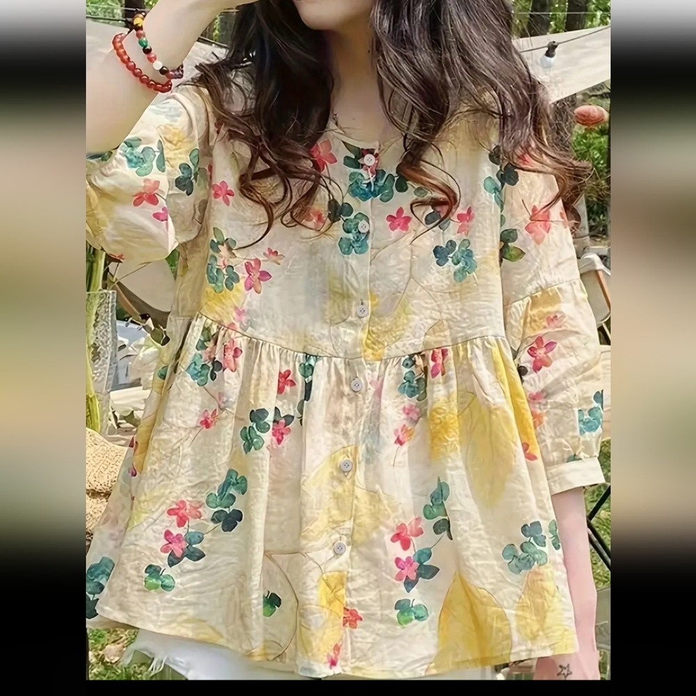 NEW easy breezy peplum top with 3/4 sleeves, round neckline with 4 button placke